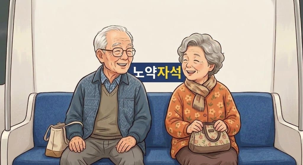 지하철 노약자석에 앉아 웃고 있는 노부부 일러스트